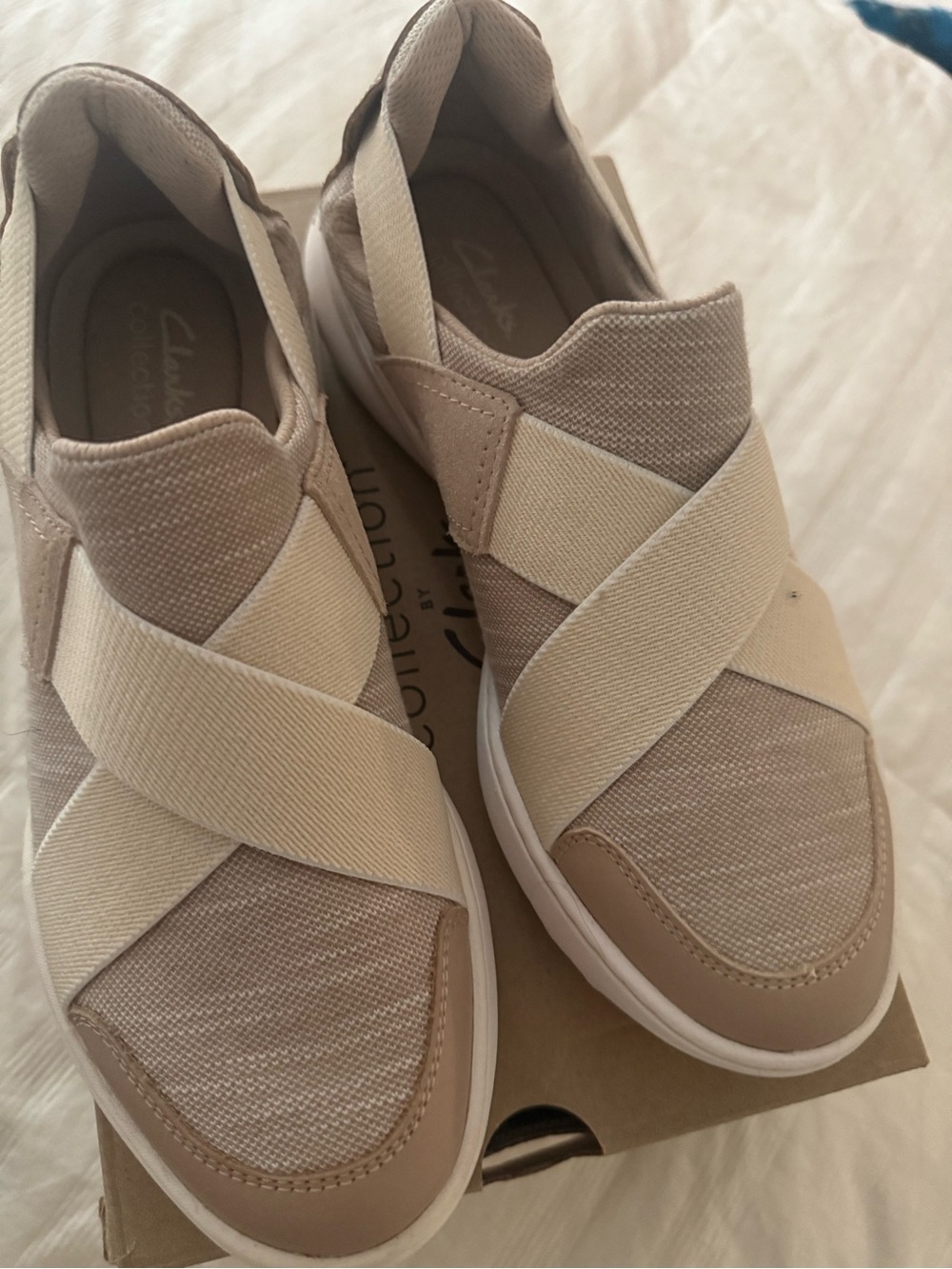 Clarks Neutral Beige Cross-Strap Slip-On Sneakers